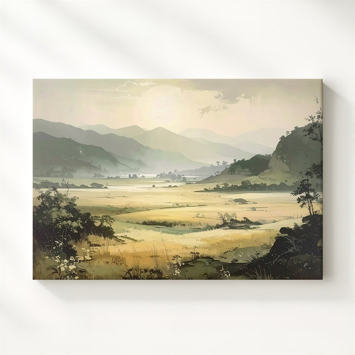 Sunlit Valley Awakening Canvas – Dreamy Misty Landscape in Beige & Green - Gifitto