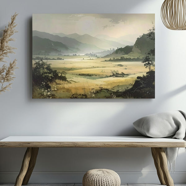 Sunlit Valley Awakening Canvas – Dreamy Misty Landscape in Beige & Green - Gifitto