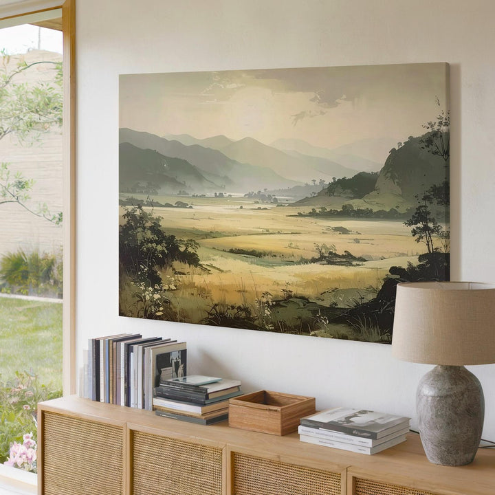 Sunlit Valley Awakening Canvas – Dreamy Misty Landscape in Beige & Green - Gifitto