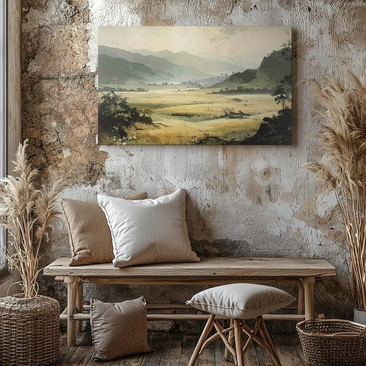 Sunlit Valley Awakening Canvas – Dreamy Misty Landscape in Beige & Green - Gifitto