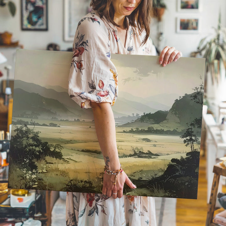 Sunlit Valley Awakening Canvas – Dreamy Misty Landscape in Beige & Green - Gifitto