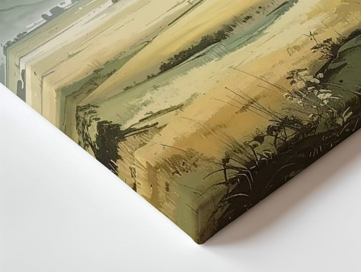 Sunlit Valley Awakening Canvas – Dreamy Misty Landscape in Beige & Green - Gifitto