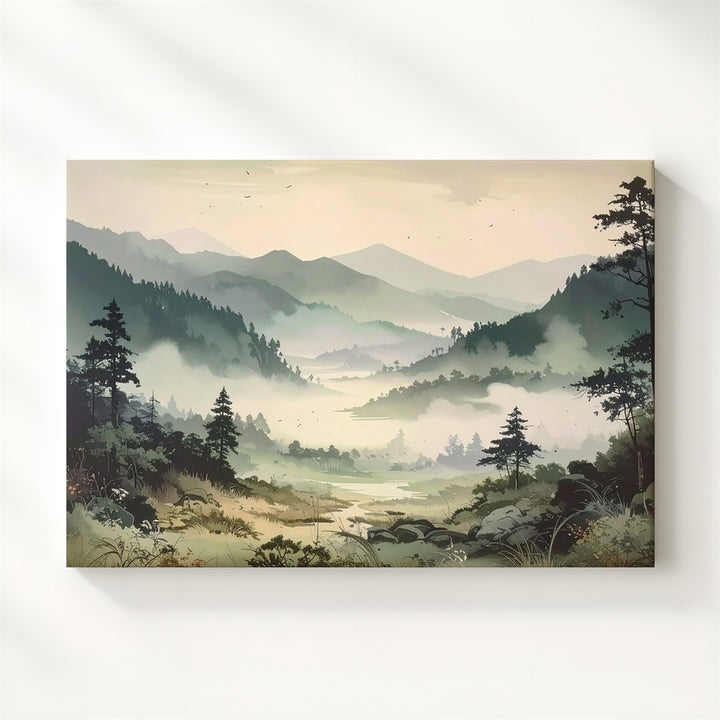 Misty Valley Silence Canvas – Moody Forest Landscape in Soft Greens & Grays - Gifitto