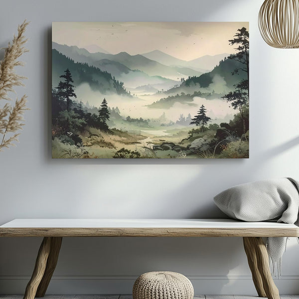 Misty Valley Silence Canvas – Moody Forest Landscape in Soft Greens & Grays - Gifitto