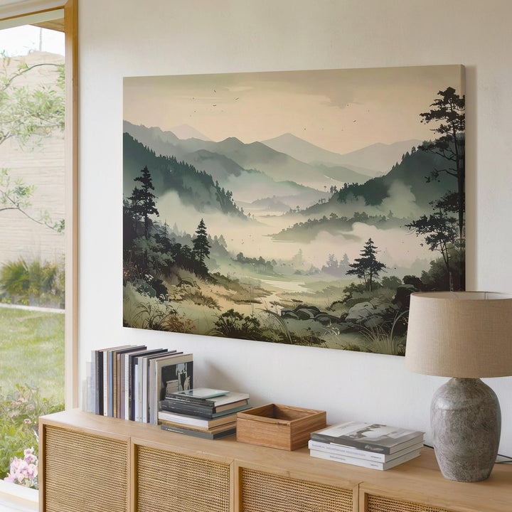 Misty Valley Silence Canvas – Moody Forest Landscape in Soft Greens & Grays - Gifitto