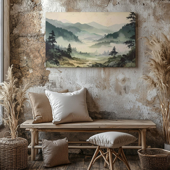 Misty Valley Silence Canvas – Moody Forest Landscape in Soft Greens & Grays - Gifitto