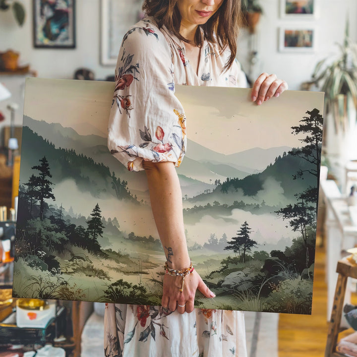 Misty Valley Silence Canvas – Moody Forest Landscape in Soft Greens & Grays - Gifitto