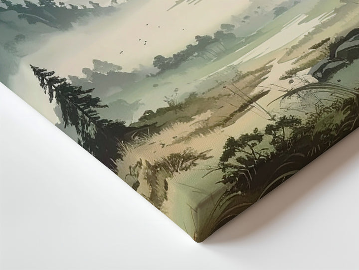 Misty Valley Silence Canvas – Moody Forest Landscape in Soft Greens & Grays - Gifitto