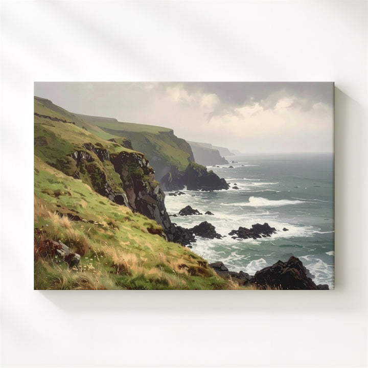 Misty Cliffside Coast Canvas – Moody Seascape with Fog, Grass & Rugged Rocks - Gifitto