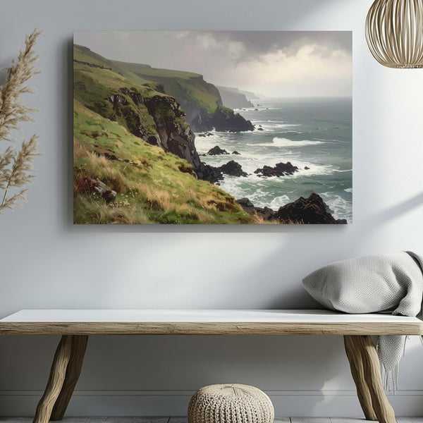 Misty Cliffside Coast Canvas – Moody Seascape with Fog, Grass & Rugged Rocks - Gifitto