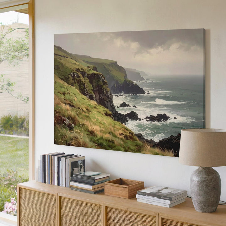 Misty Cliffside Coast Canvas – Moody Seascape with Fog, Grass & Rugged Rocks - Gifitto