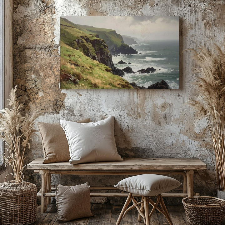 Misty Cliffside Coast Canvas – Moody Seascape with Fog, Grass & Rugged Rocks - Gifitto