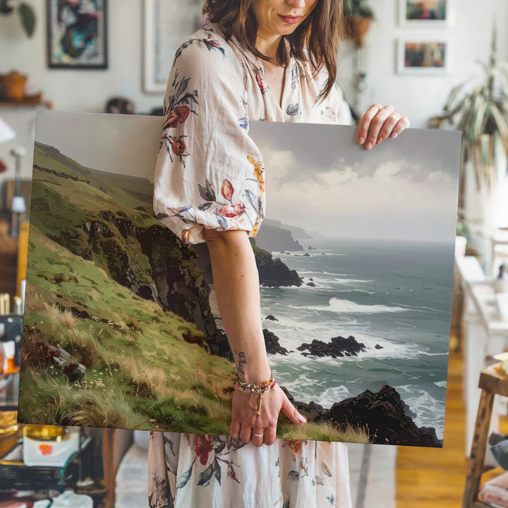 Misty Cliffside Coast Canvas – Moody Seascape with Fog, Grass & Rugged Rocks - Gifitto