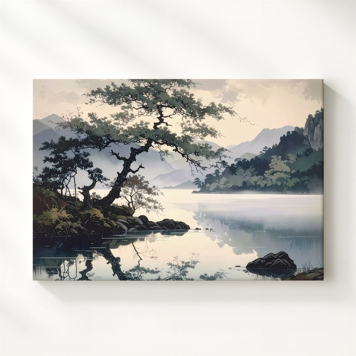 Windswept Harmony Canvas – Reflective Lakeside Scene with Trees & Misty Mountains - Gifitto