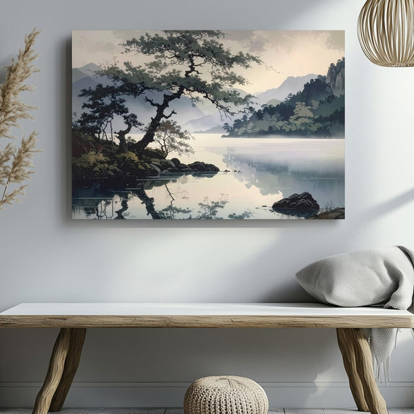 Windswept Harmony Canvas – Reflective Lakeside Scene with Trees & Misty Mountains - Gifitto