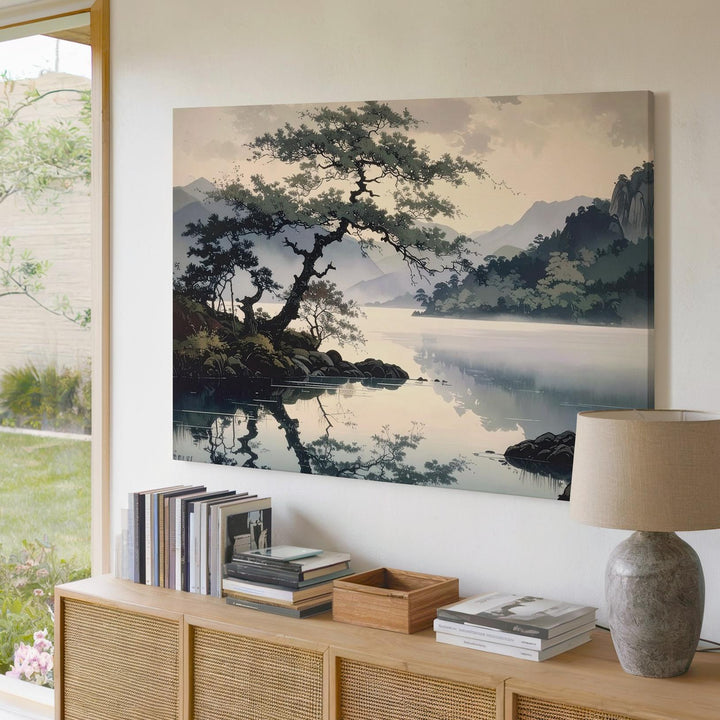 Windswept Harmony Canvas – Reflective Lakeside Scene with Trees & Misty Mountains - Gifitto