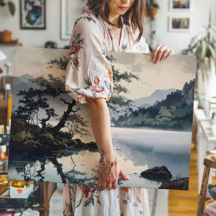 Windswept Harmony Canvas – Reflective Lakeside Scene with Trees & Misty Mountains - Gifitto