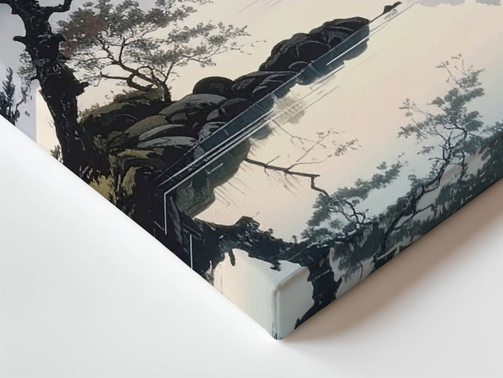 Windswept Harmony Canvas – Reflective Lakeside Scene with Trees & Misty Mountains - Gifitto