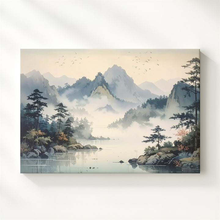 Pastel Mountain Reverie Canvas – Misty Pines, Soaring Birds & Reflective Lake - Gifitto
