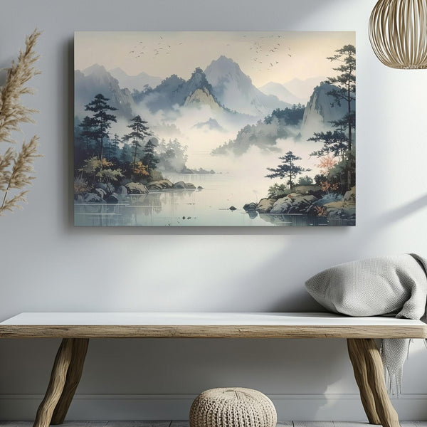 Pastel Mountain Reverie Canvas – Misty Pines, Soaring Birds & Reflective Lake - Gifitto