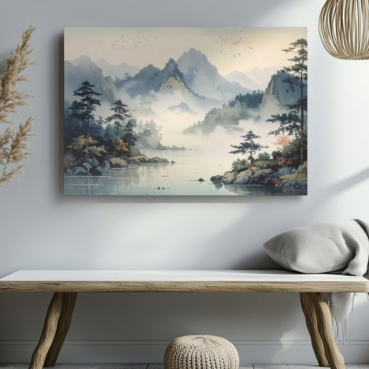 Pastel Mountain Reverie Canvas – Misty Pines, Soaring Birds & Reflective Lake - Gifitto