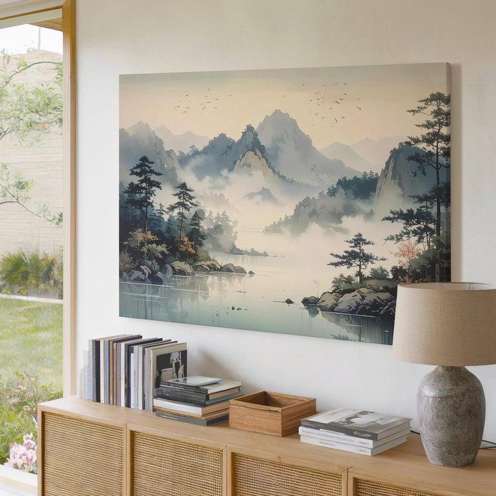 Pastel Mountain Reverie Canvas – Misty Pines, Soaring Birds & Reflective Lake - Gifitto