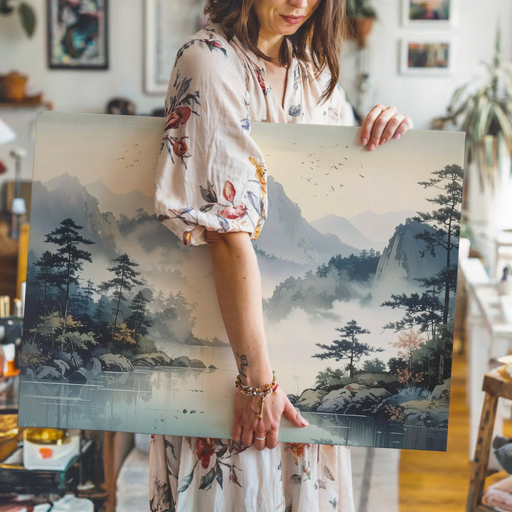 Pastel Mountain Reverie Canvas – Misty Pines, Soaring Birds & Reflective Lake - Gifitto