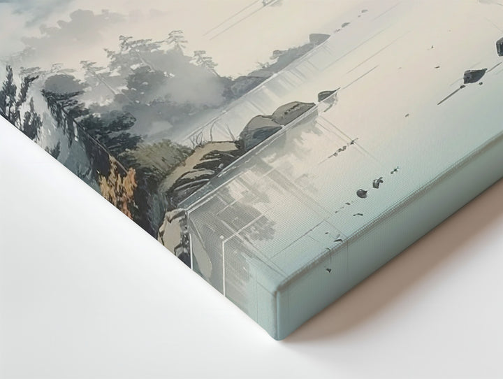 Pastel Mountain Reverie Canvas – Misty Pines, Soaring Birds & Reflective Lake - Gifitto
