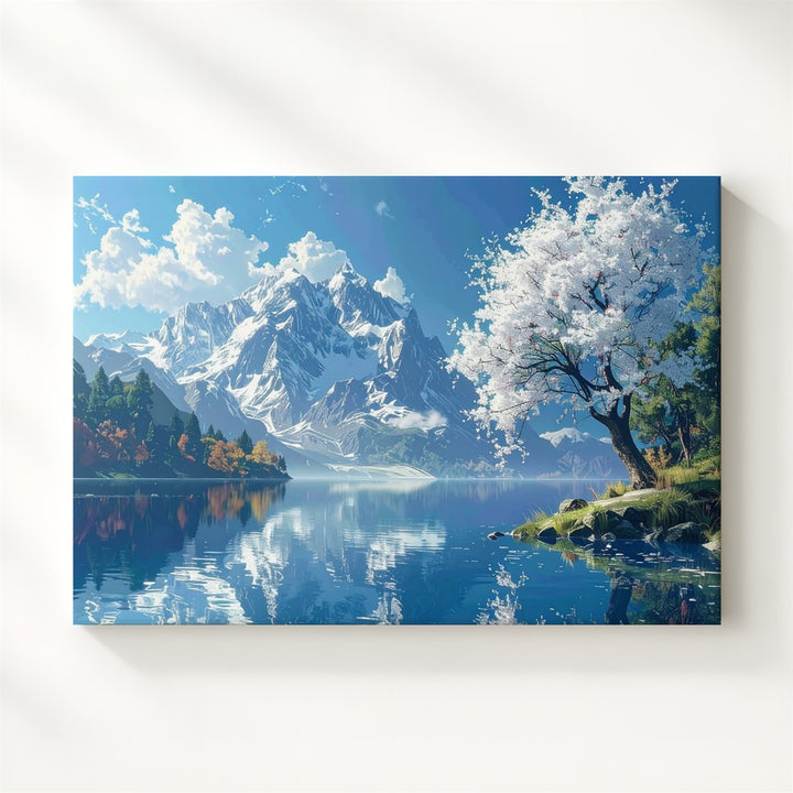 Blossom & Reflection Canvas – Panoramic Mountain Lake with Blooming Tree - Gifitto