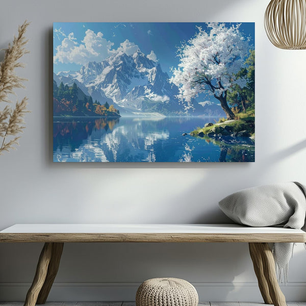 Blossom & Reflection Canvas – Panoramic Mountain Lake with Blooming Tree - Gifitto