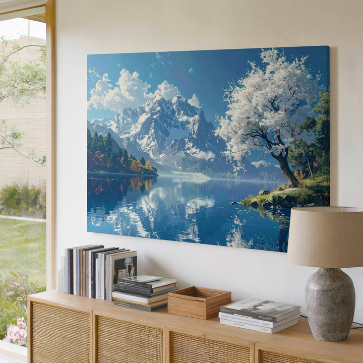 Blossom & Reflection Canvas – Panoramic Mountain Lake with Blooming Tree - Gifitto
