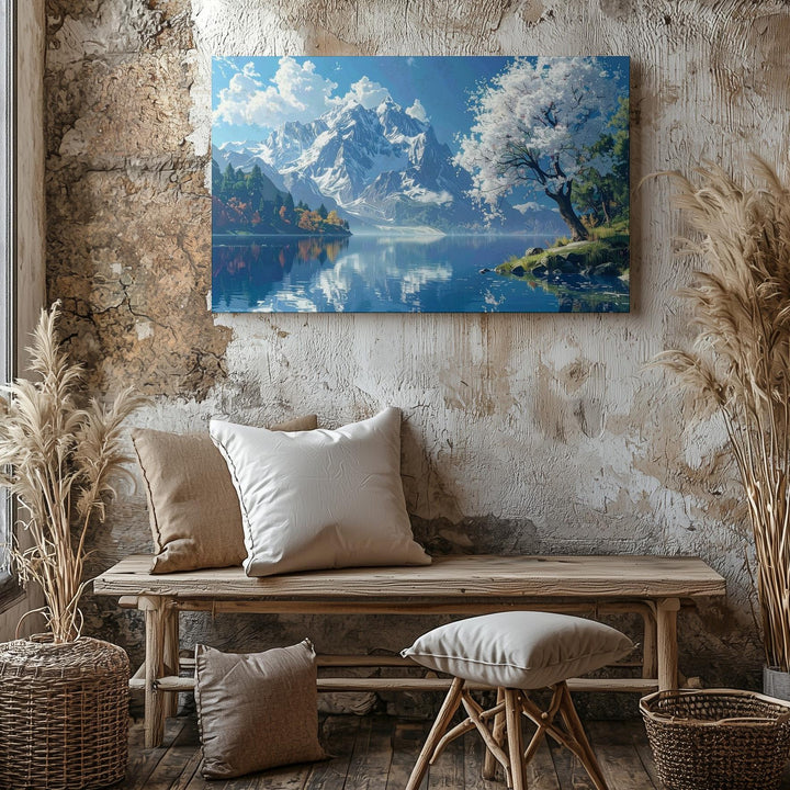 Blossom & Reflection Canvas – Panoramic Mountain Lake with Blooming Tree - Gifitto