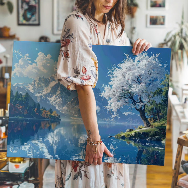 Blossom & Reflection Canvas – Panoramic Mountain Lake with Blooming Tree - Gifitto