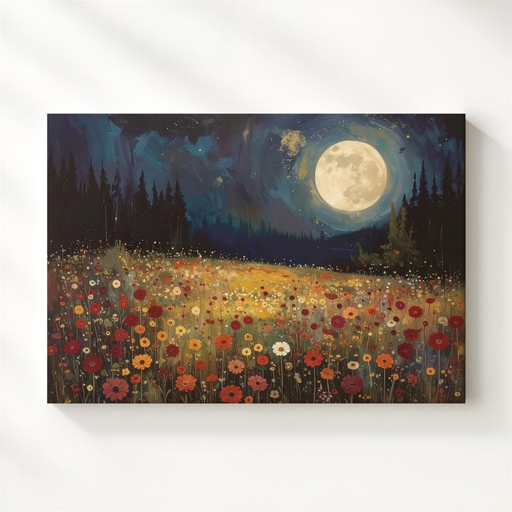 Moonlit Bloom Canvas – Mystical Night Landscape with Flowers & Glowing Moon - Gifitto