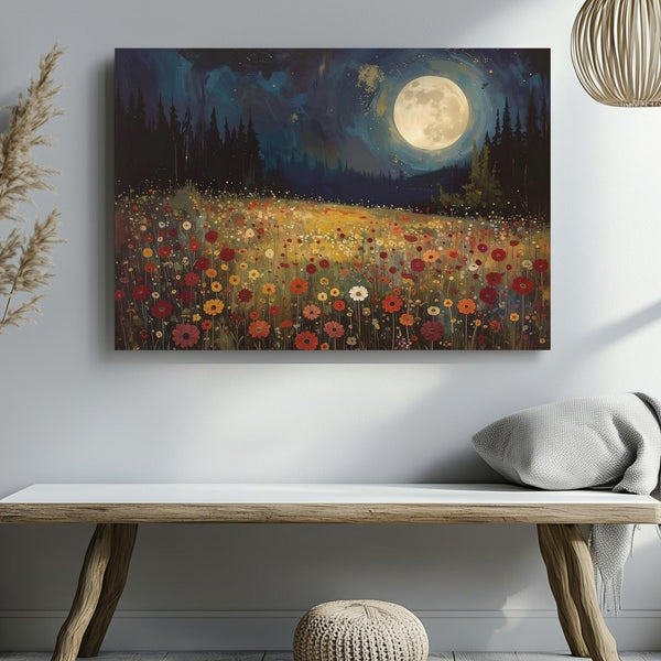 Moonlit Bloom Canvas – Mystical Night Landscape with Flowers & Glowing Moon - Gifitto