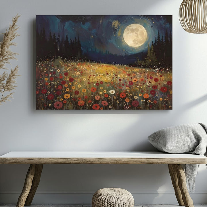 Moonlit Bloom Canvas – Mystical Night Landscape with Flowers & Glowing Moon - Gifitto