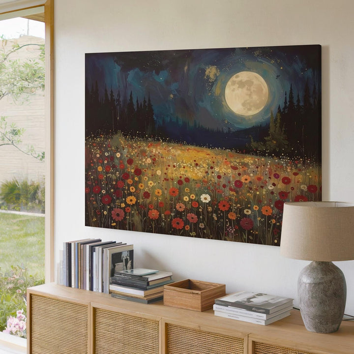 Moonlit Bloom Canvas – Mystical Night Landscape with Flowers & Glowing Moon - Gifitto