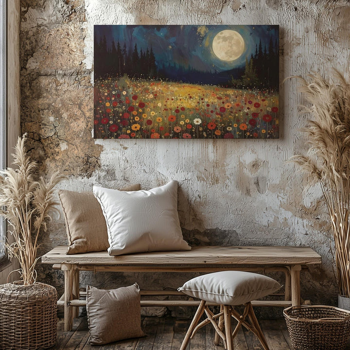 Moonlit Bloom Canvas – Mystical Night Landscape with Flowers & Glowing Moon - Gifitto