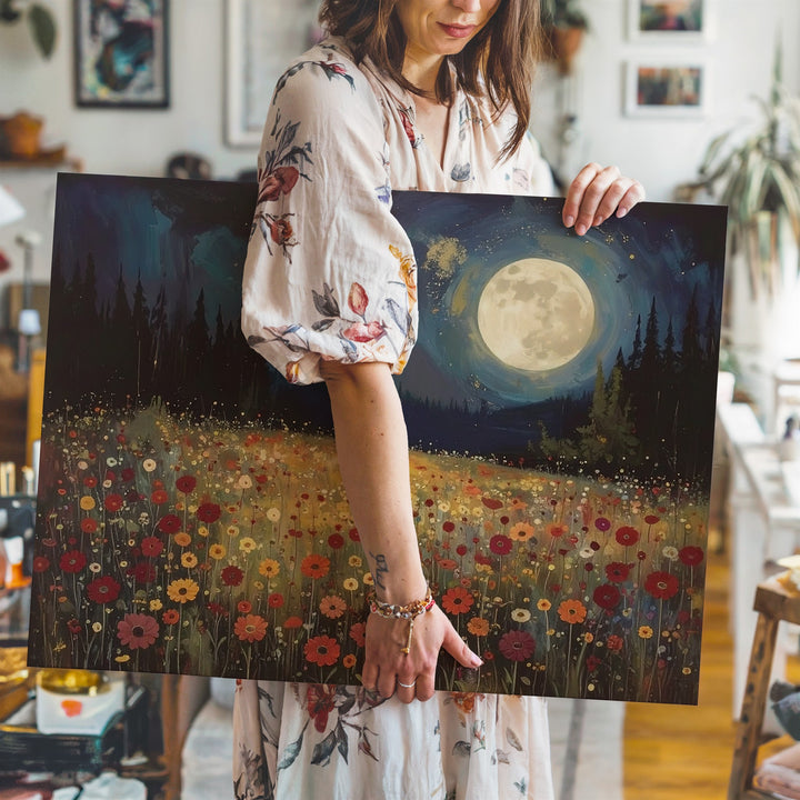 Moonlit Bloom Canvas – Mystical Night Landscape with Flowers & Glowing Moon - Gifitto