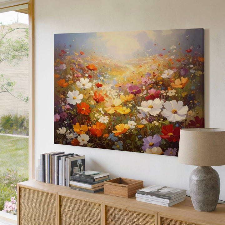 Golden Bloom Canvas – Vertical Wildflower Field in Morning Light - Gifitto