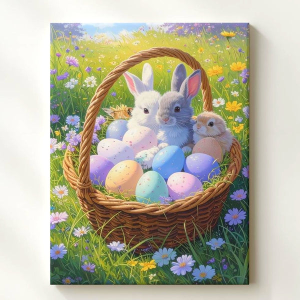 Pastel Easter Basket with Bunnies Canvas – Cheerful Spring Wall Art - Gifitto