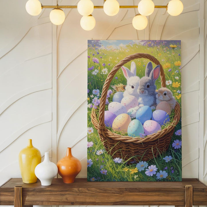 Pastel Easter Basket with Bunnies Canvas – Cheerful Spring Wall Art - Gifitto