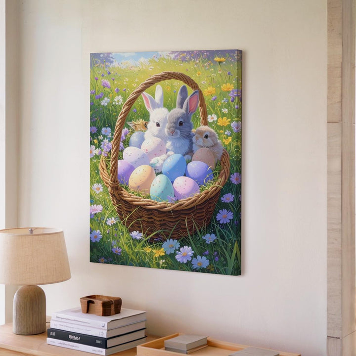 Pastel Easter Basket with Bunnies Canvas – Cheerful Spring Wall Art - Gifitto