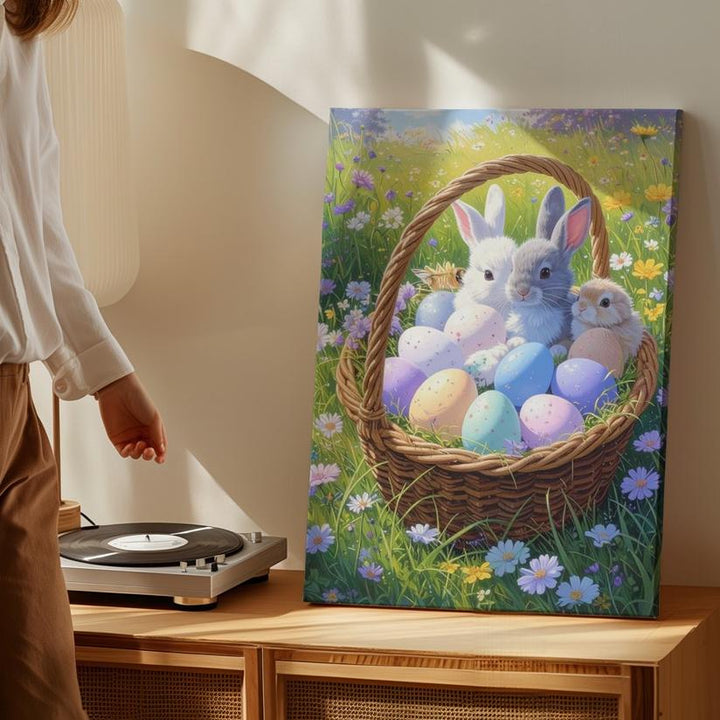 Pastel Easter Basket with Bunnies Canvas – Cheerful Spring Wall Art - Gifitto