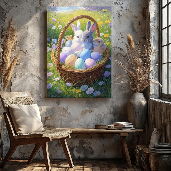 Pastel Easter Basket with Bunnies Canvas – Cheerful Spring Wall Art - Gifitto