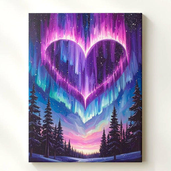 Celestial Heart Canvas – Glowing Heart in the Sky with Pine Tree Silhouette - Gifitto
