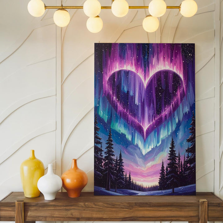 Celestial Heart Canvas – Glowing Heart in the Sky with Pine Tree Silhouette - Gifitto