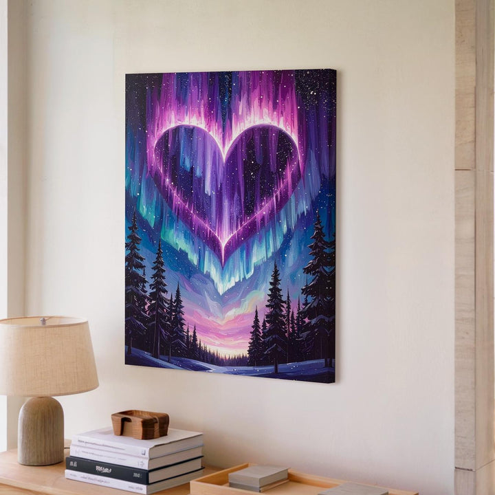 Celestial Heart Canvas – Glowing Heart in the Sky with Pine Tree Silhouette - Gifitto
