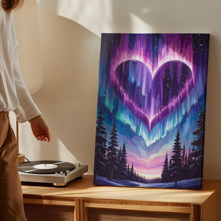 Celestial Heart Canvas – Glowing Heart in the Sky with Pine Tree Silhouette - Gifitto