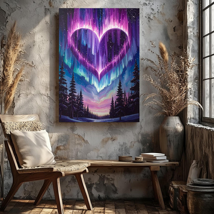 Celestial Heart Canvas – Glowing Heart in the Sky with Pine Tree Silhouette - Gifitto